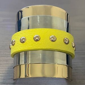 Anthropologie Mixed Metal Leather Studded Cuff Bracelet Chartreuse/Neon Yellow